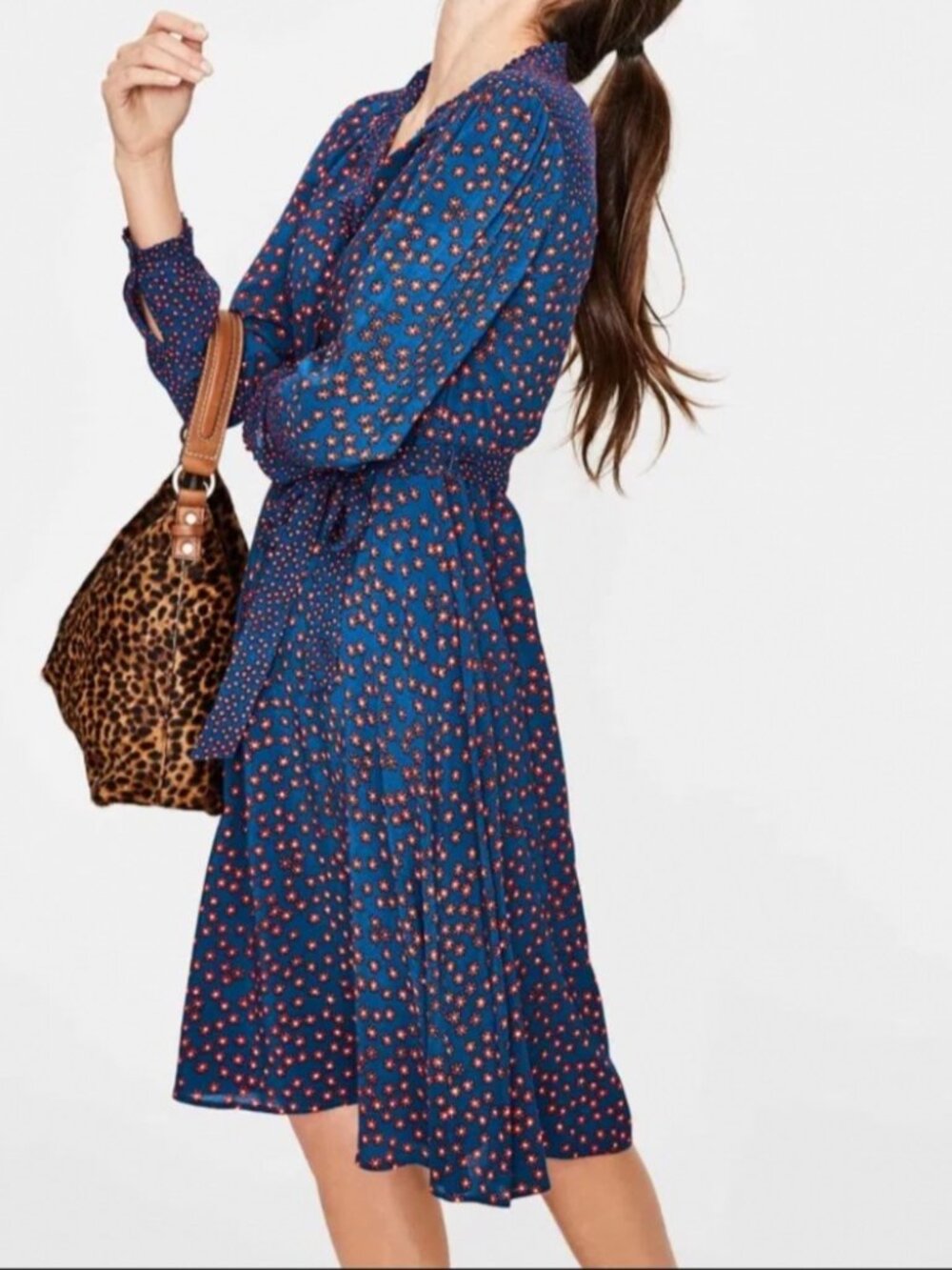 Boden Melissa Ruffle Neck Dress Blue & Red Floral Print UK 18R US 14R